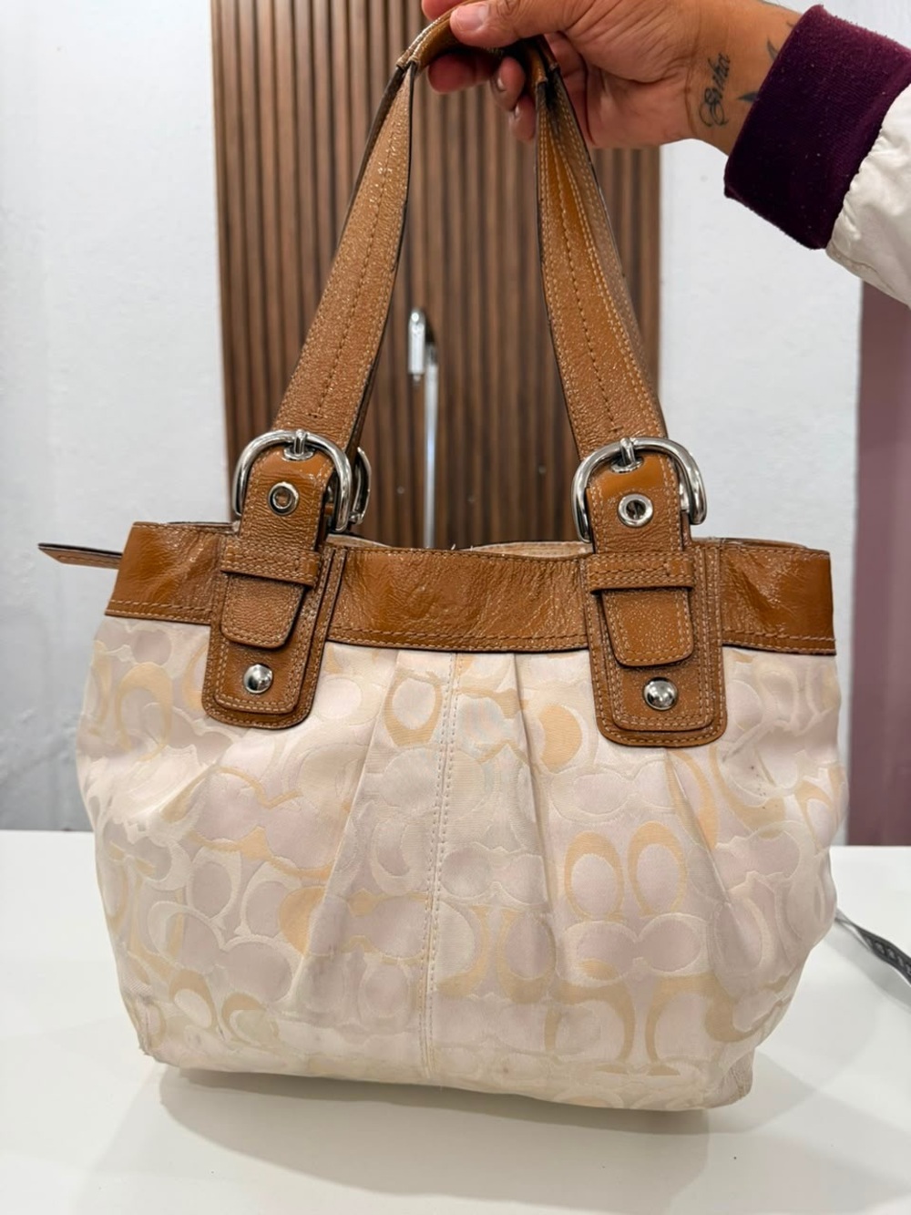 Coach Soho Pleated Optic Signature C Cream Brown Shoulder Tote Bag Purse #F15682